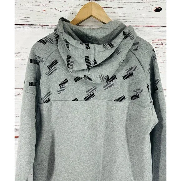 Puma Hoodie Hooded Sweatshirt Mens Medium Gray Kangaroo Pocket Heavy Warm Logo - Picture 7 of 10
